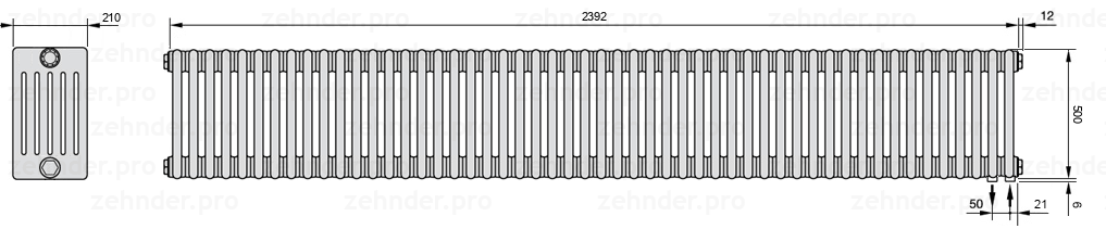 Схема (чертеж) Радиатор Zehnder Charleston 6050/52 №5510 Белый глянцевый RAL 9016